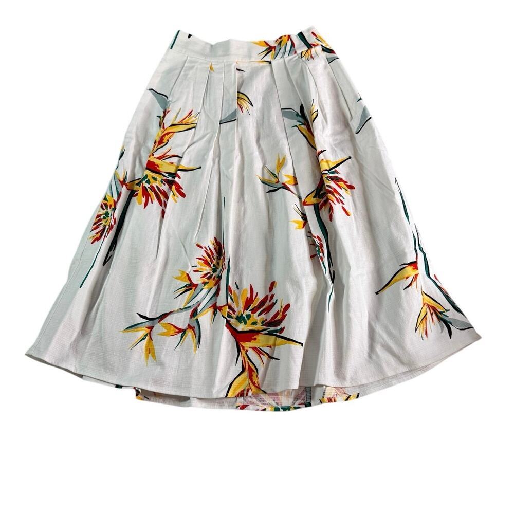 Eva Mendes White Tropical Print Pleated Midi Skirt Size 2 Pockets Summer